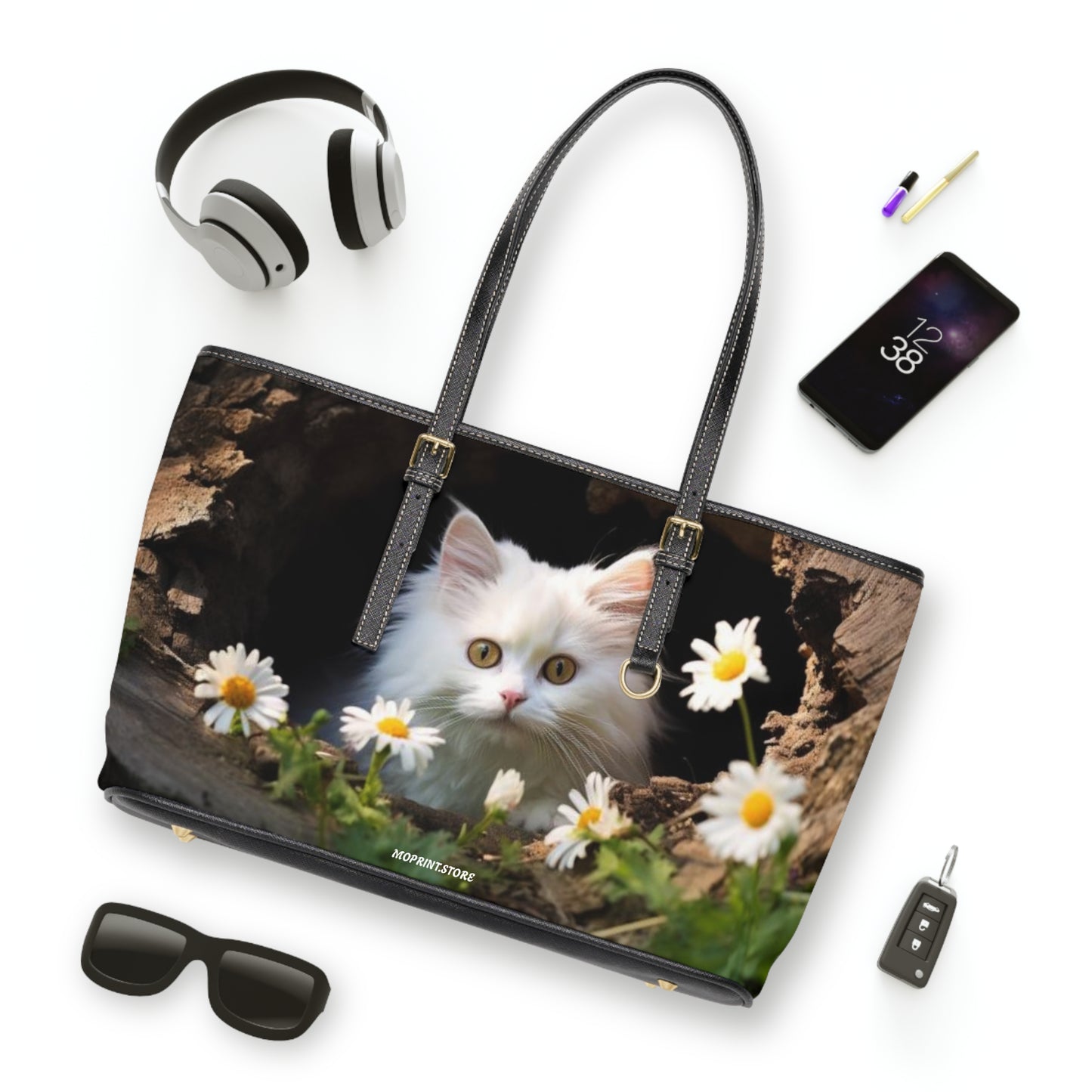 Floral Cat PU Leather Shoulder Bag - Stylish Tote for Cat Lovers